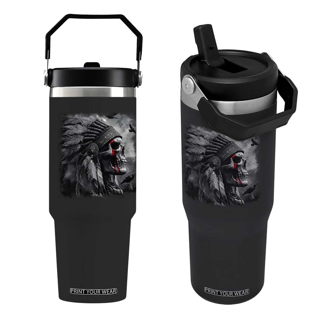 Native American Indian Chief Skull Headdress Crow Flip Straw Tumbler TS11 One Size: 30 oz Black Print Your Wear
