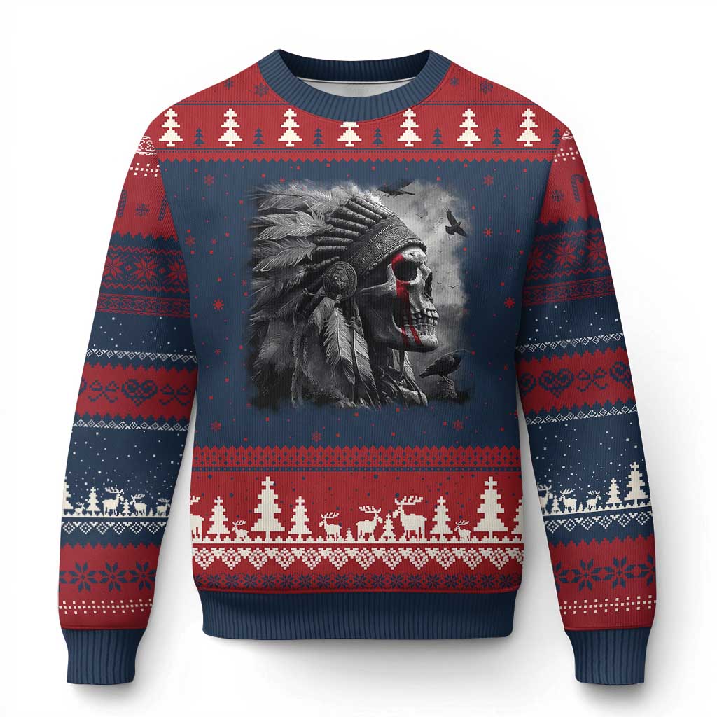 Native American Indian Chief Skull Headdress Crow Ugly Christmas Sweater TS11 Navy Red Print Your Wear