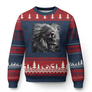 Native American Indian Chief Skull Headdress Crow Ugly Christmas Sweater - Print Your Wear