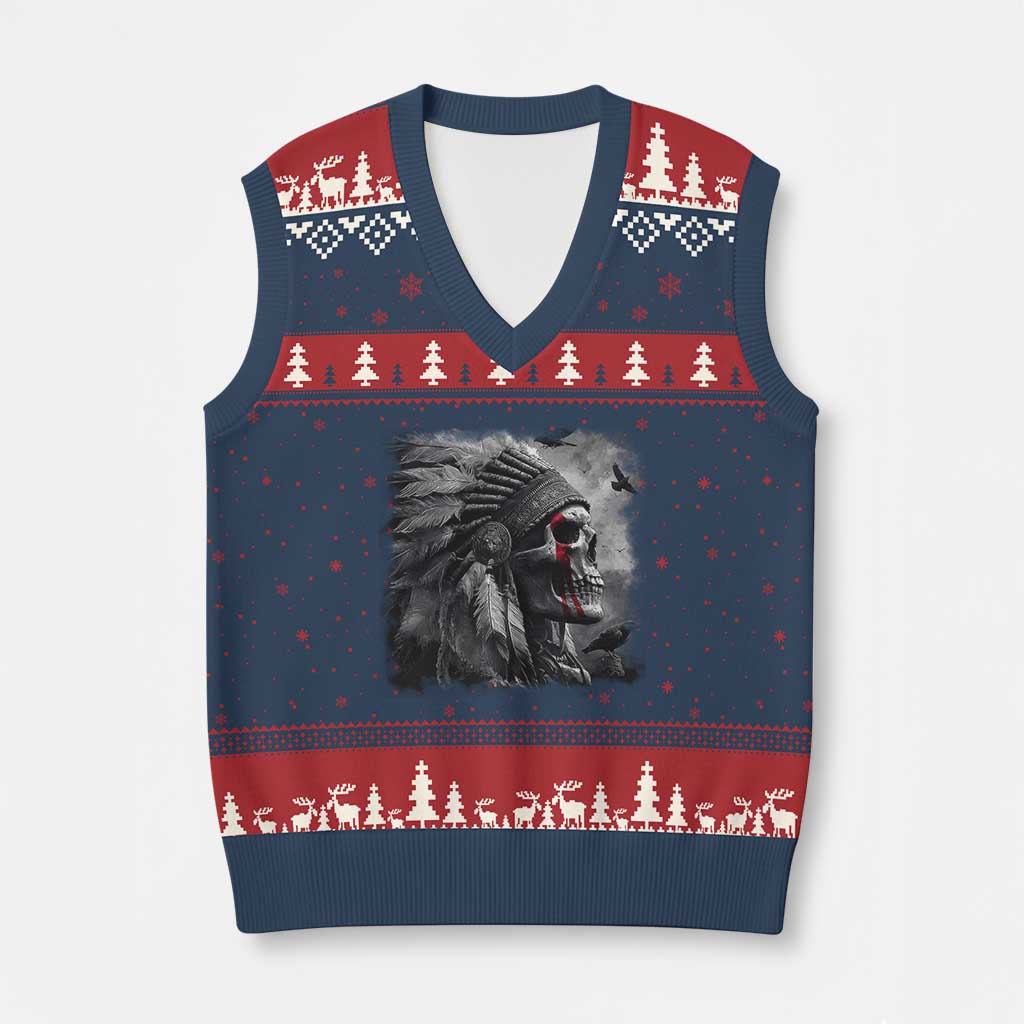 Native American Indian Chief Skull Headdress Crow V-Neck Knit Sweater Vest TS11 Navy Red Print Your Wear
