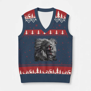 Native American Indian Chief Skull Headdress Crow V-Neck Knit Sweater Vest - Print Your Wear