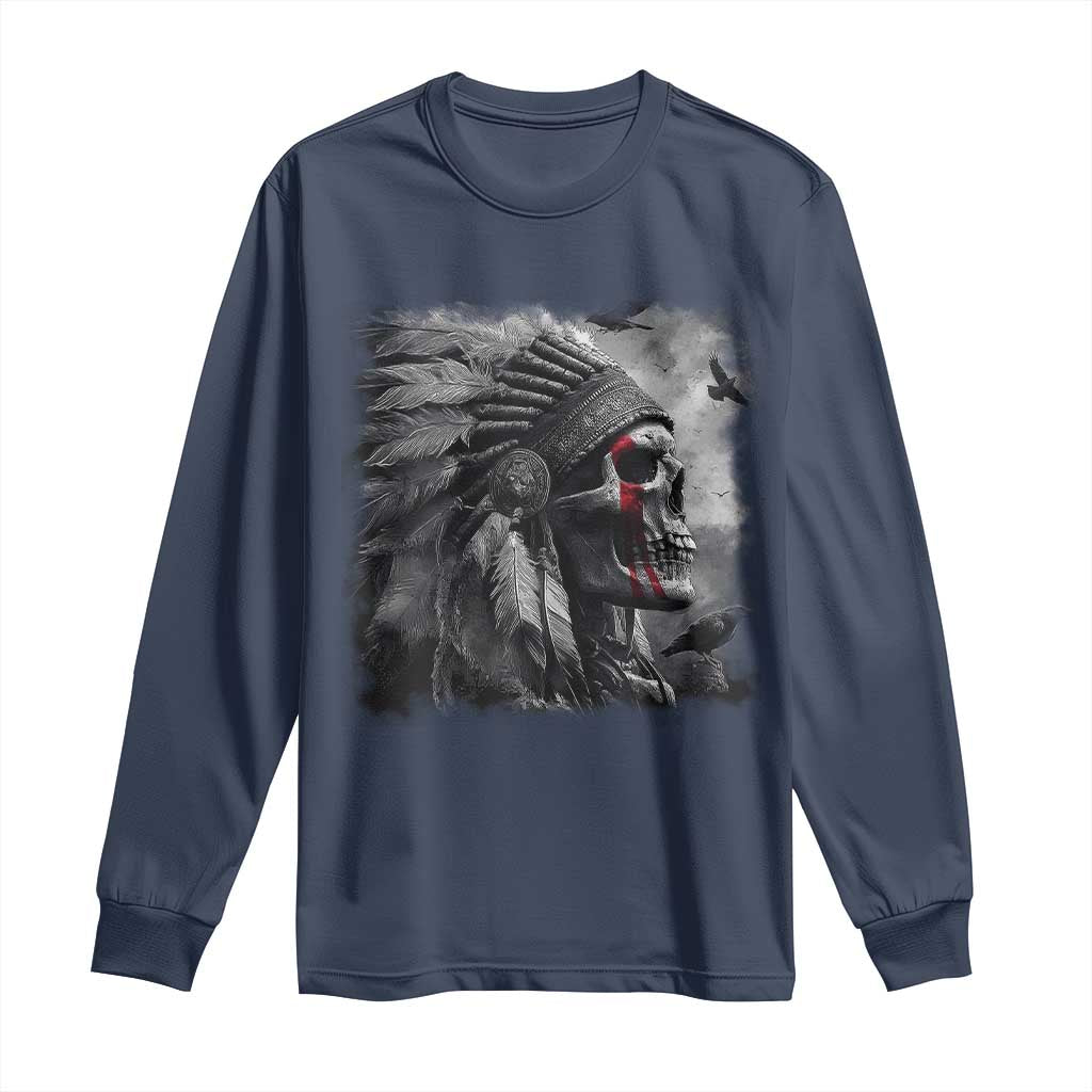 Native American Indian Chief Skull Headdress Crow Long Sleeve Shirt TS11 Navy Print Your Wear