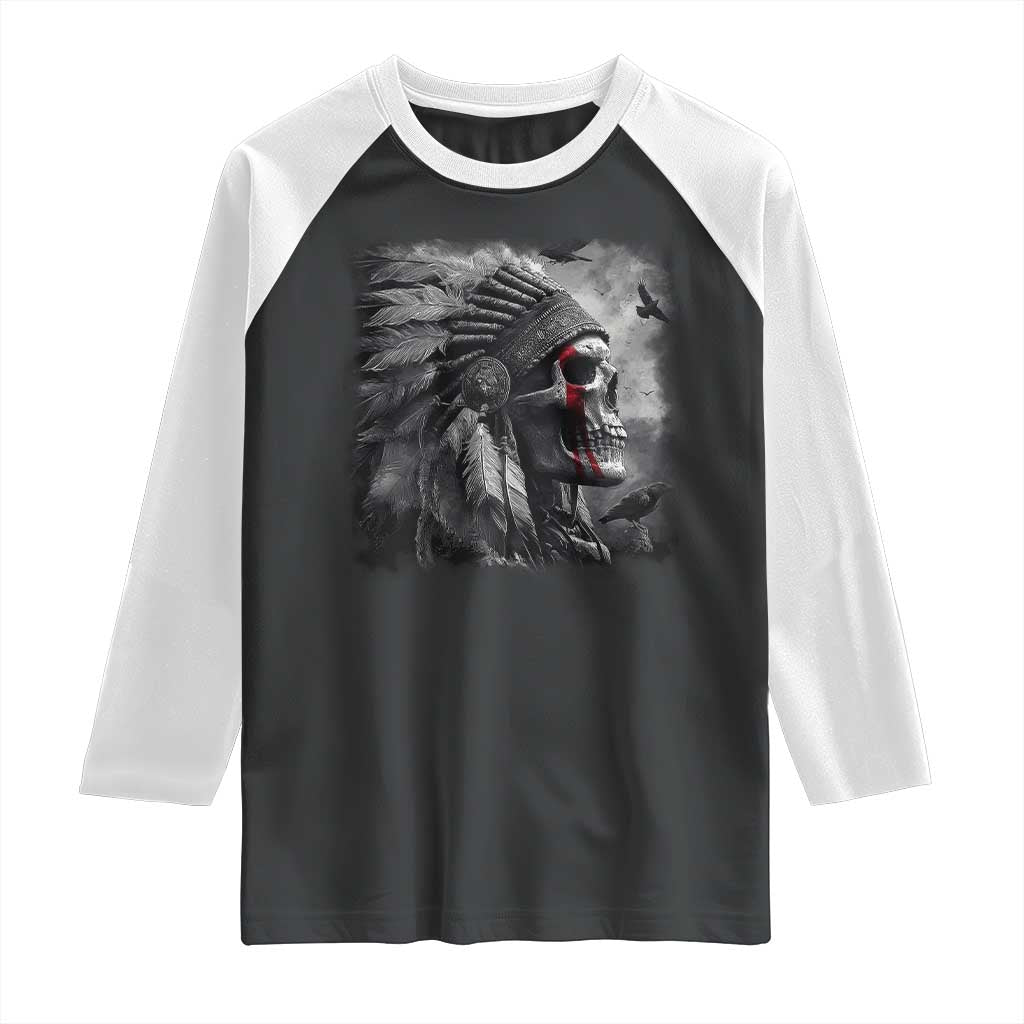 Native American Indian Chief Skull Headdress Crow Raglan Shirt TS11 Black White Print Your Wear