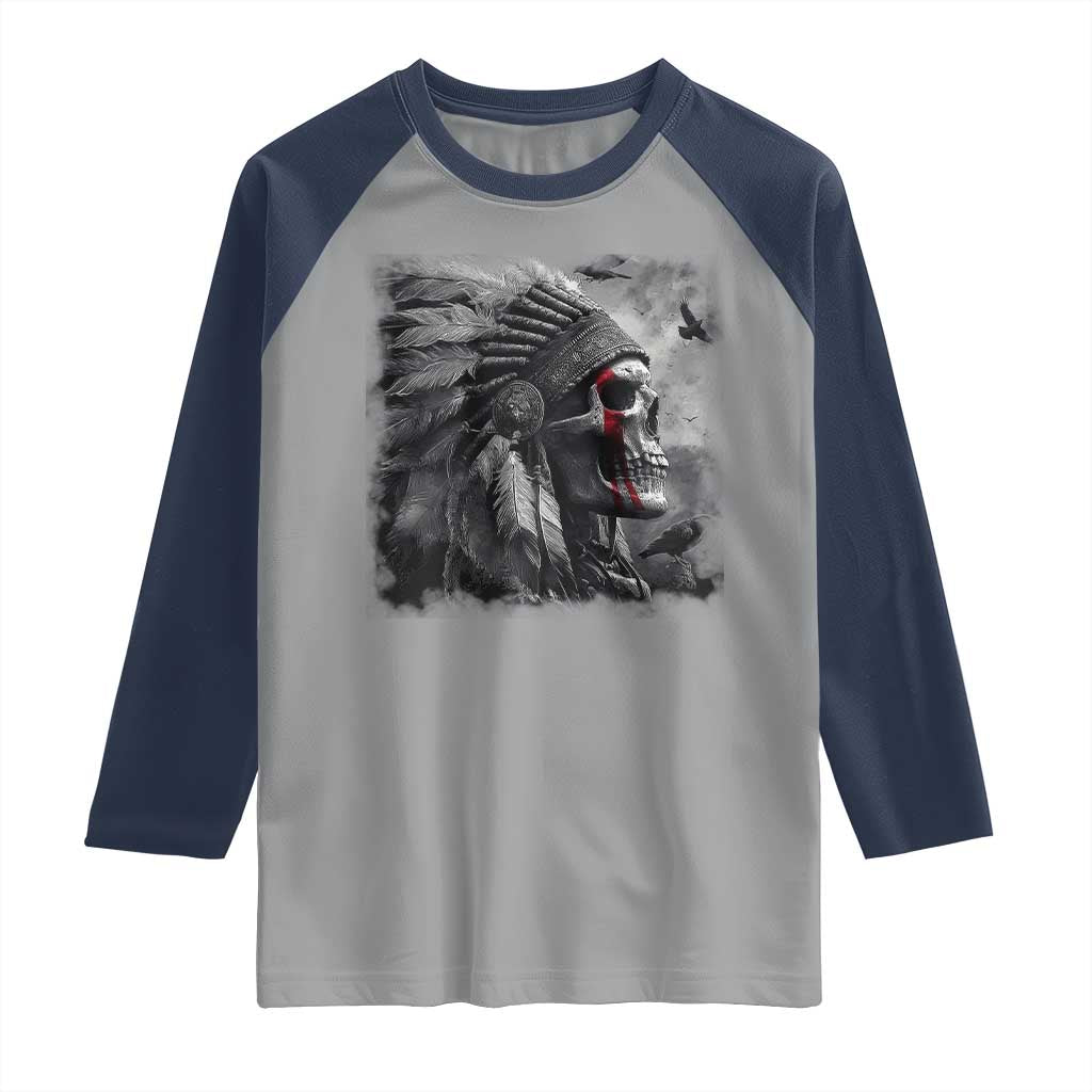 Native American Indian Chief Skull Headdress Crow Raglan Shirt TS11 Sport Gray Navy Print Your Wear