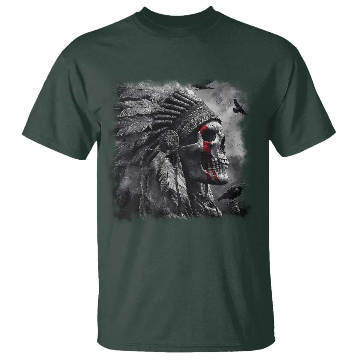 Native American Indian Chief Skull Headdress Crow T Shirt TS11 Dark Forest Green Print Your Wear