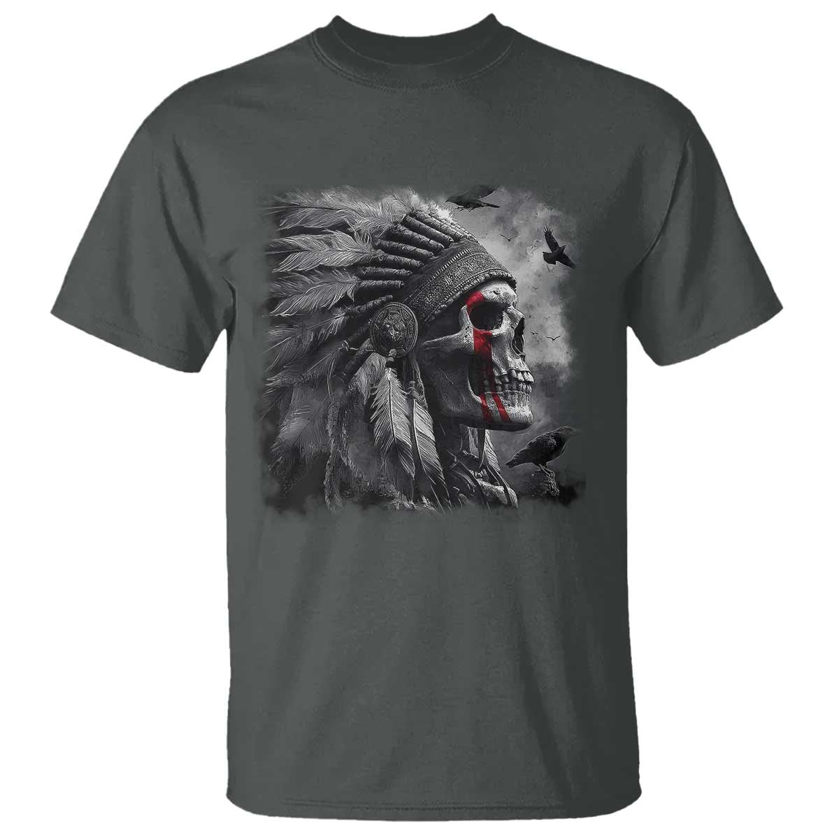 Native American Indian Chief Skull Headdress Crow T Shirt TS11 Dark Heather Print Your Wear