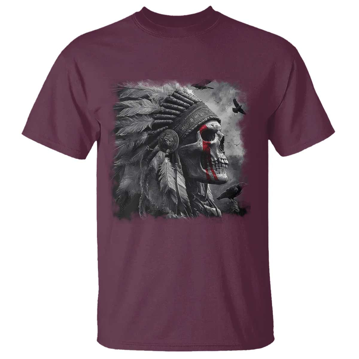 Native American Indian Chief Skull Headdress Crow T Shirt TS11 Maroon Print Your Wear