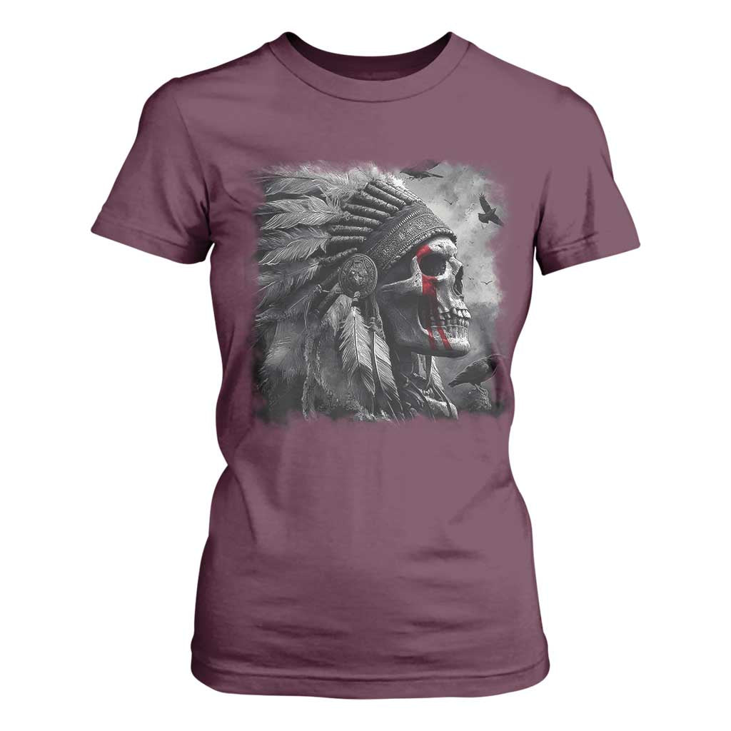 Native American Indian Chief Skull Headdress Crow T Shirt For Women TS11 Maroon Print Your Wear
