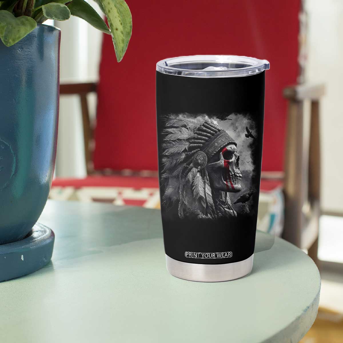 Native American Indian Chief Skull Headdress Crow Tumbler Cup TS11 Print Your Wear