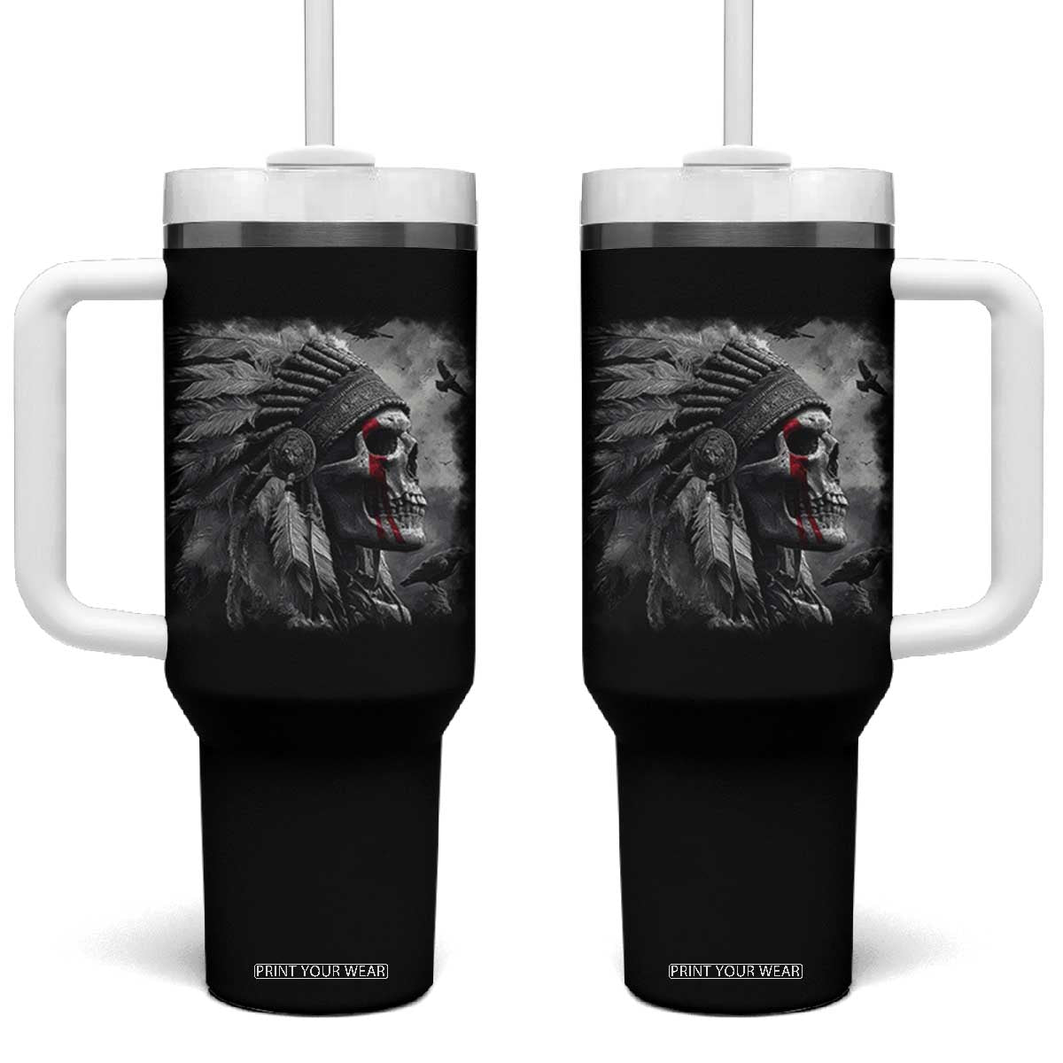 Native American Indian Chief Skull Headdress Crow Tumbler With Handle TS11 One Size: 40 oz Black Print Your Wear