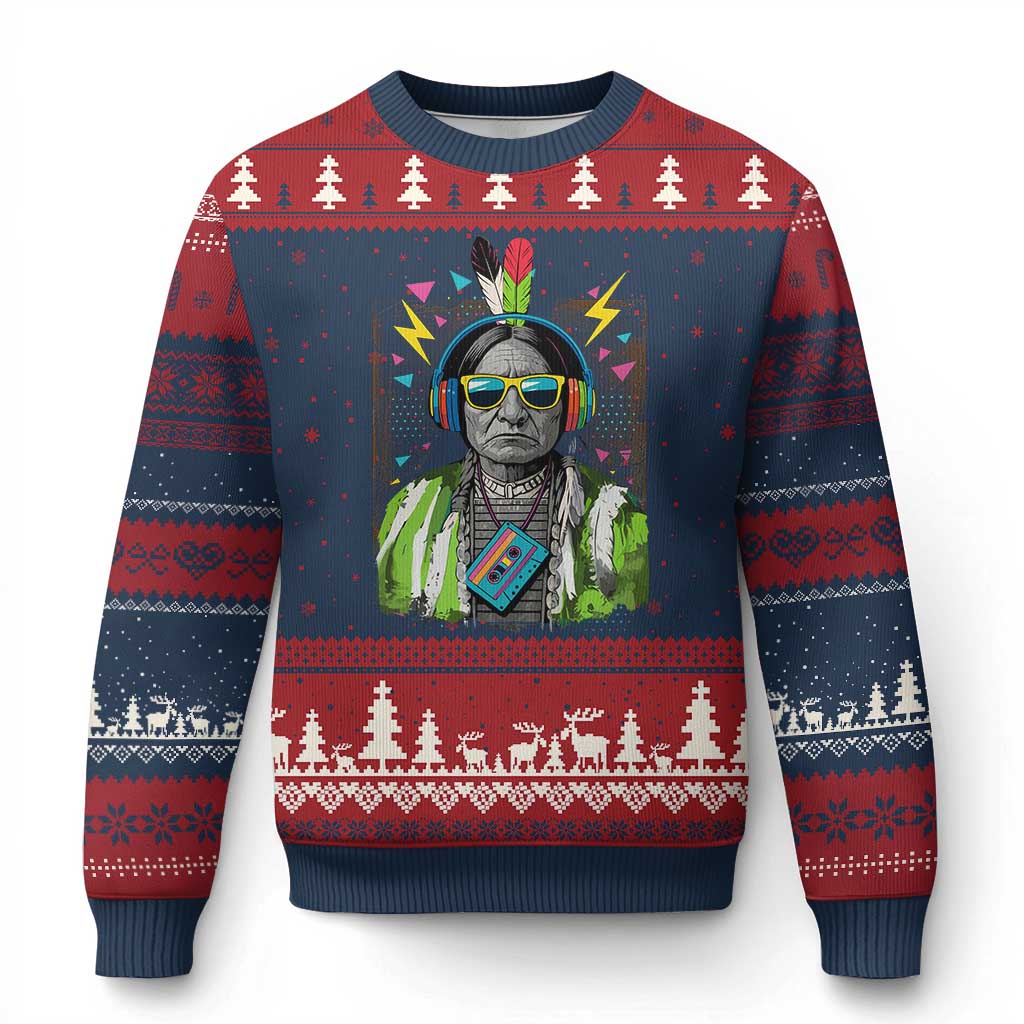 Funny Sitting Bull 90s Nostalgia Pop Art Ugly Christmas Sweater Retro Native American Chief - Print Your Wear