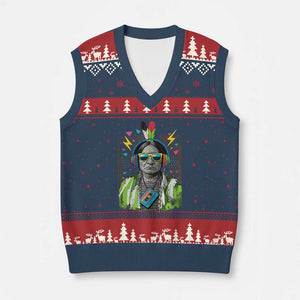 Funny Sitting Bull 90s Nostalgia Pop Art V-Neck Knit Sweater Vest Retro Native American Chief TS11 Navy Red Print Your Wear