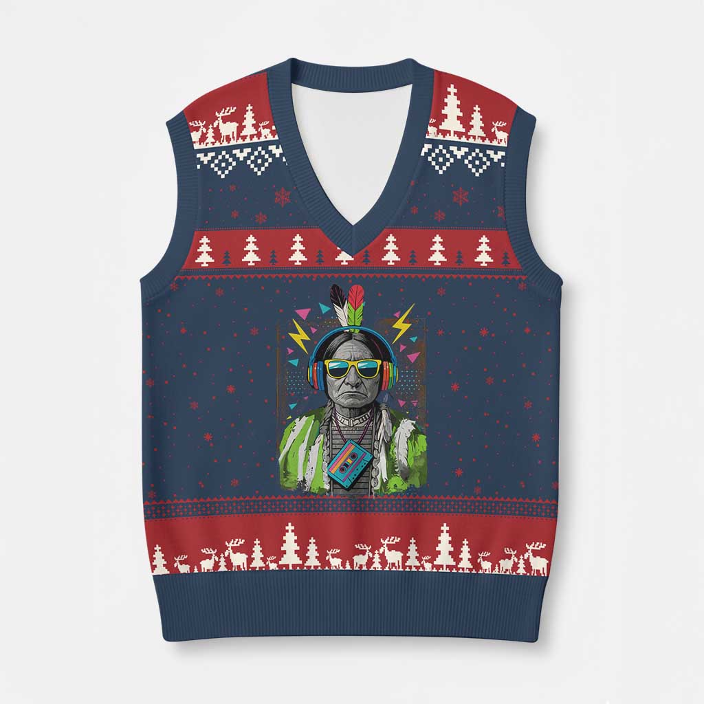 Funny Sitting Bull 90s Nostalgia Pop Art V-Neck Knit Sweater Vest Retro Native American Chief - Print Your Wear