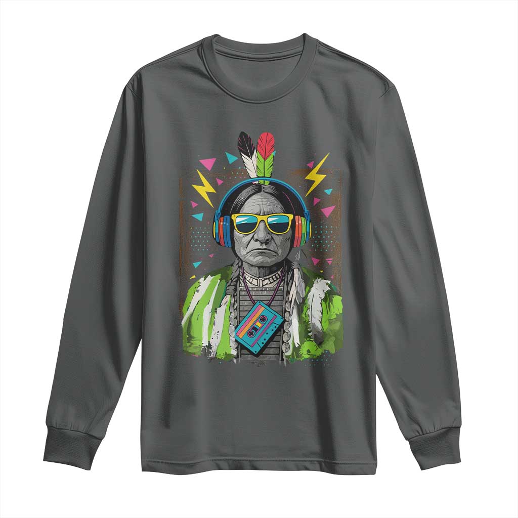 Funny Sitting Bull 90s Nostalgia Pop Art Long Sleeve Shirt Retro Native American Chief TS11 Dark Heather Print Your Wear