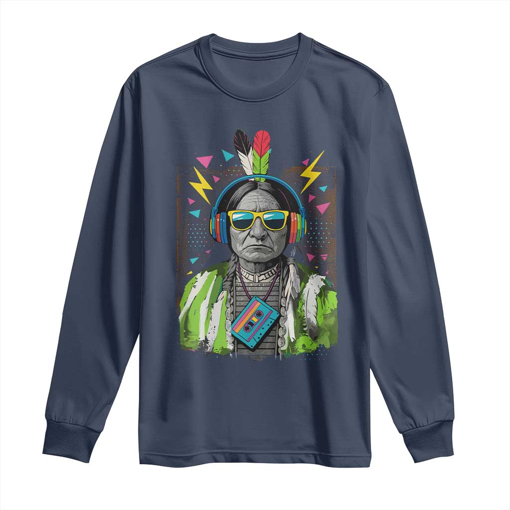 Funny Sitting Bull 90s Nostalgia Pop Art Long Sleeve Shirt Retro Native American Chief TS11 Navy Print Your Wear