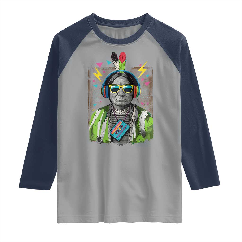 Funny Sitting Bull 90s Nostalgia Pop Art Raglan Shirt Retro Native American Chief TS11 Sport Gray Navy Print Your Wear