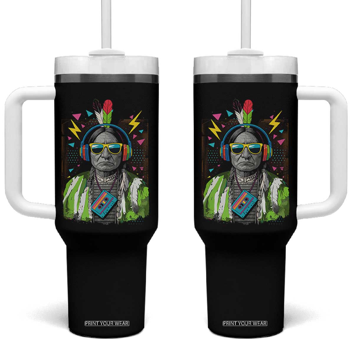 Funny Sitting Bull 90s Nostalgia Pop Art Tumbler With Handle Retro Native American Chief TS11 One Size: 40 oz Black Print Your Wear