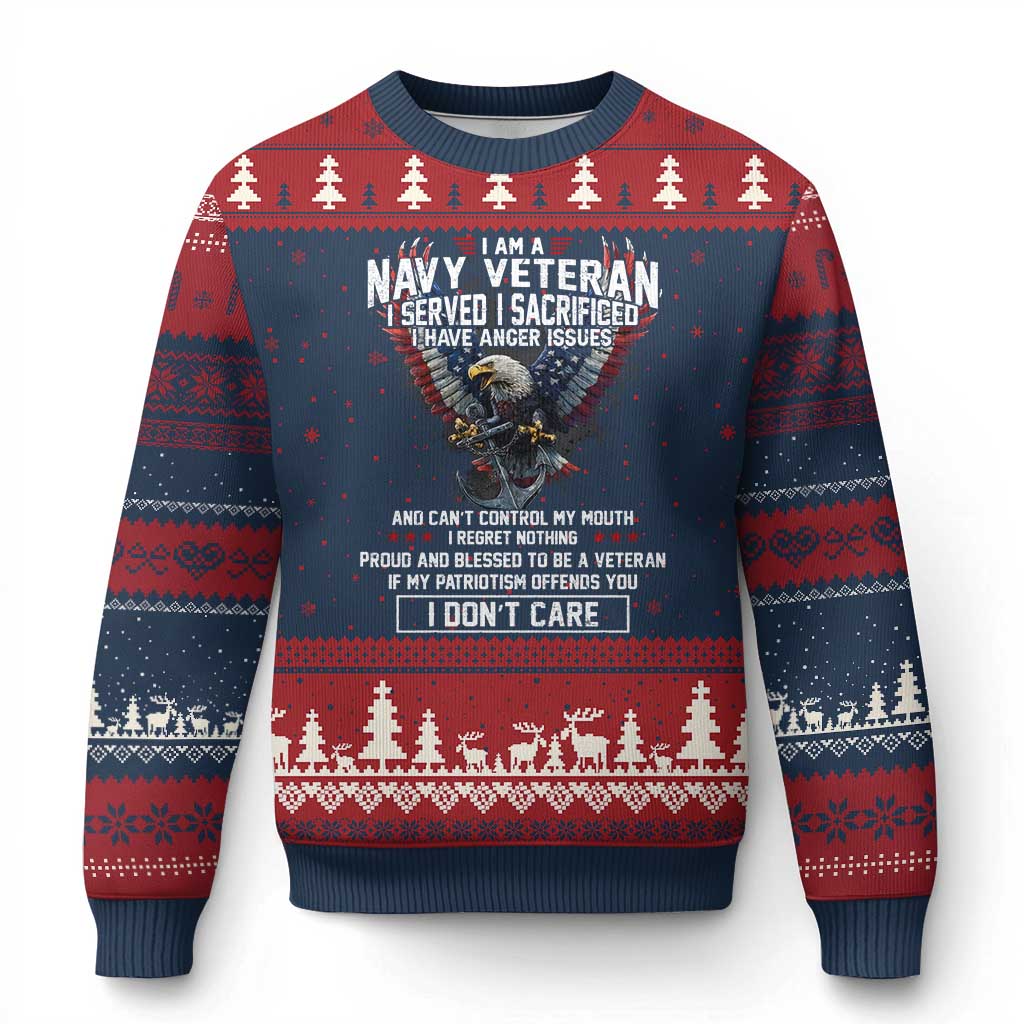 I Am Navy Veteran Ugly Christmas Sweater I Served I Sacrificed I have Anger Issues Bald Eagle USA Flag - Print Your Wear