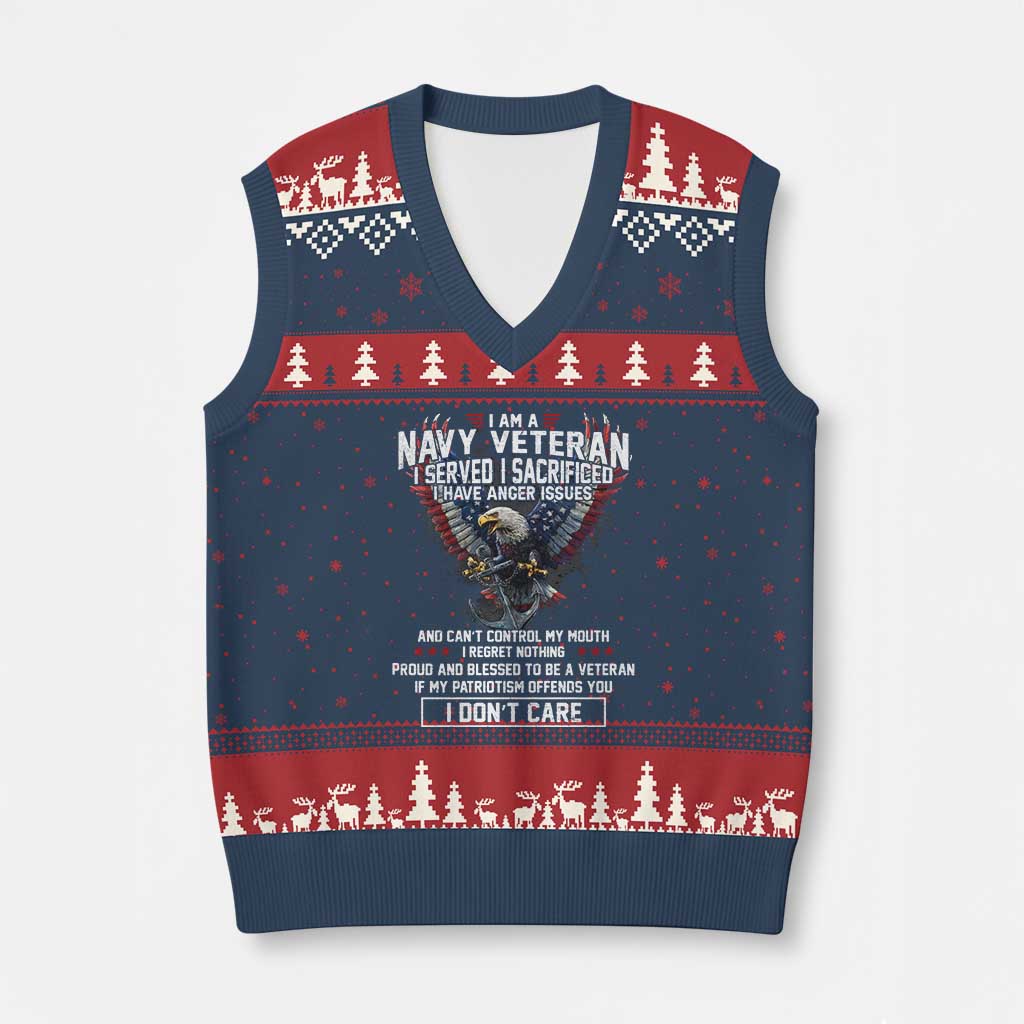 I Am Navy Veteran V-Neck Knit Sweater Vest I Served I Sacrificed I have Anger Issues Bald Eagle USA Flag TS11 Navy Red Print Your Wear