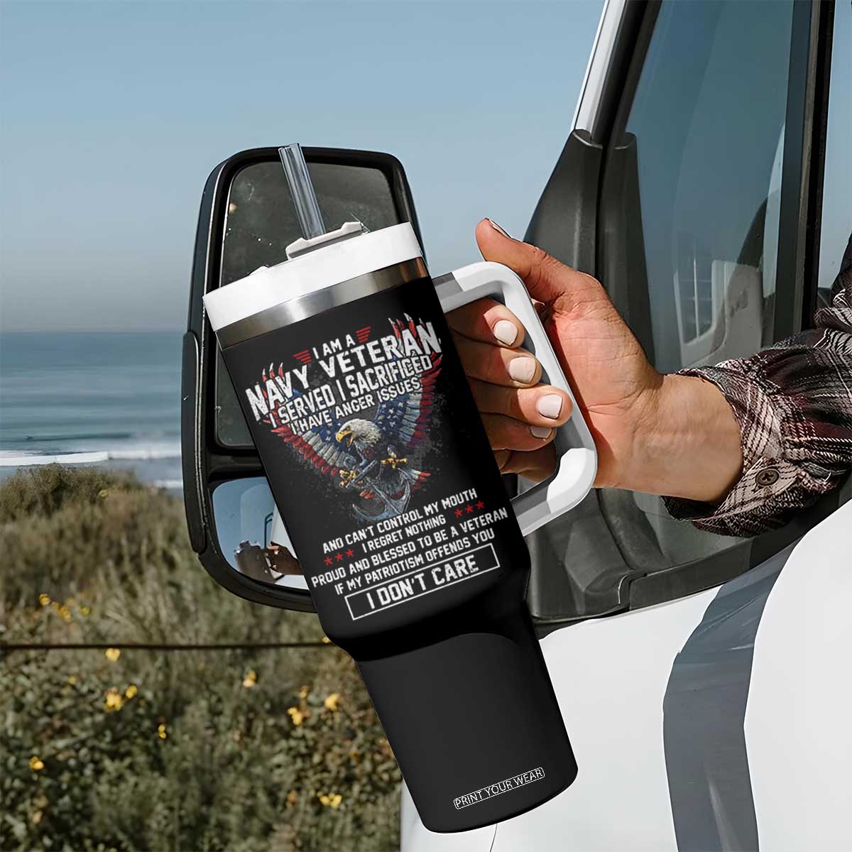 I Am Navy Veteran Tumbler With Handle I Served I Sacrificed I have Anger Issues Bald Eagle USA Flag TS11 Print Your Wear