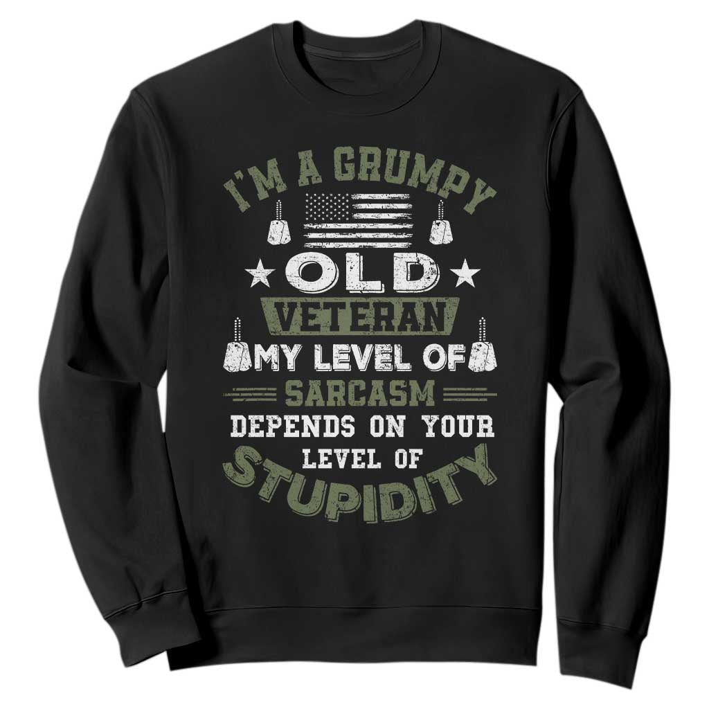 I Am A Grumpy Old Veteran My Level Of Sarcasm Depends On Your Level Of Stupidity Sweatshirt TS11 Black Print Your Wear
