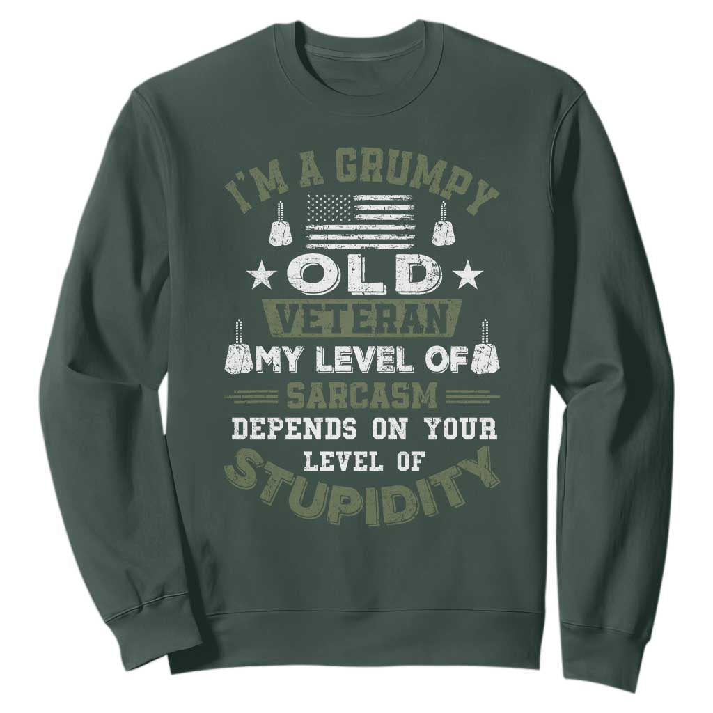 I Am A Grumpy Old Veteran My Level Of Sarcasm Depends On Your Level Of Stupidity Sweatshirt TS11 Dark Forest Green Print Your Wear
