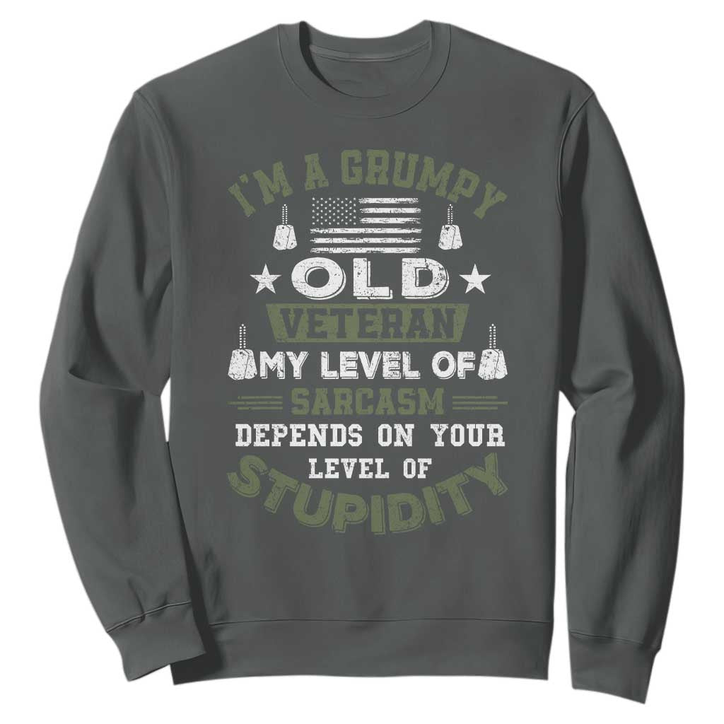 I Am A Grumpy Old Veteran My Level Of Sarcasm Depends On Your Level Of Stupidity Sweatshirt TS11 Dark Heather Print Your Wear