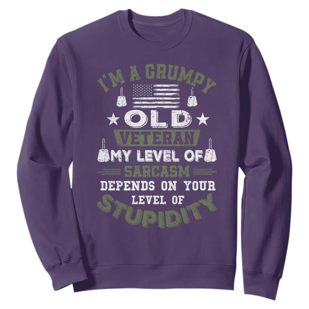 I Am A Grumpy Old Veteran My Level Of Sarcasm Depends On Your Level Of Stupidity Sweatshirt TS11 Purple Print Your Wear