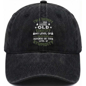 I Am A Grumpy Old Veteran My Level Of Sarcasm Depends On Your Level Of Stupidity Washed Cotton Baseball Cap TS11 Washed Cap Universal Fit Black Print Your Wear
