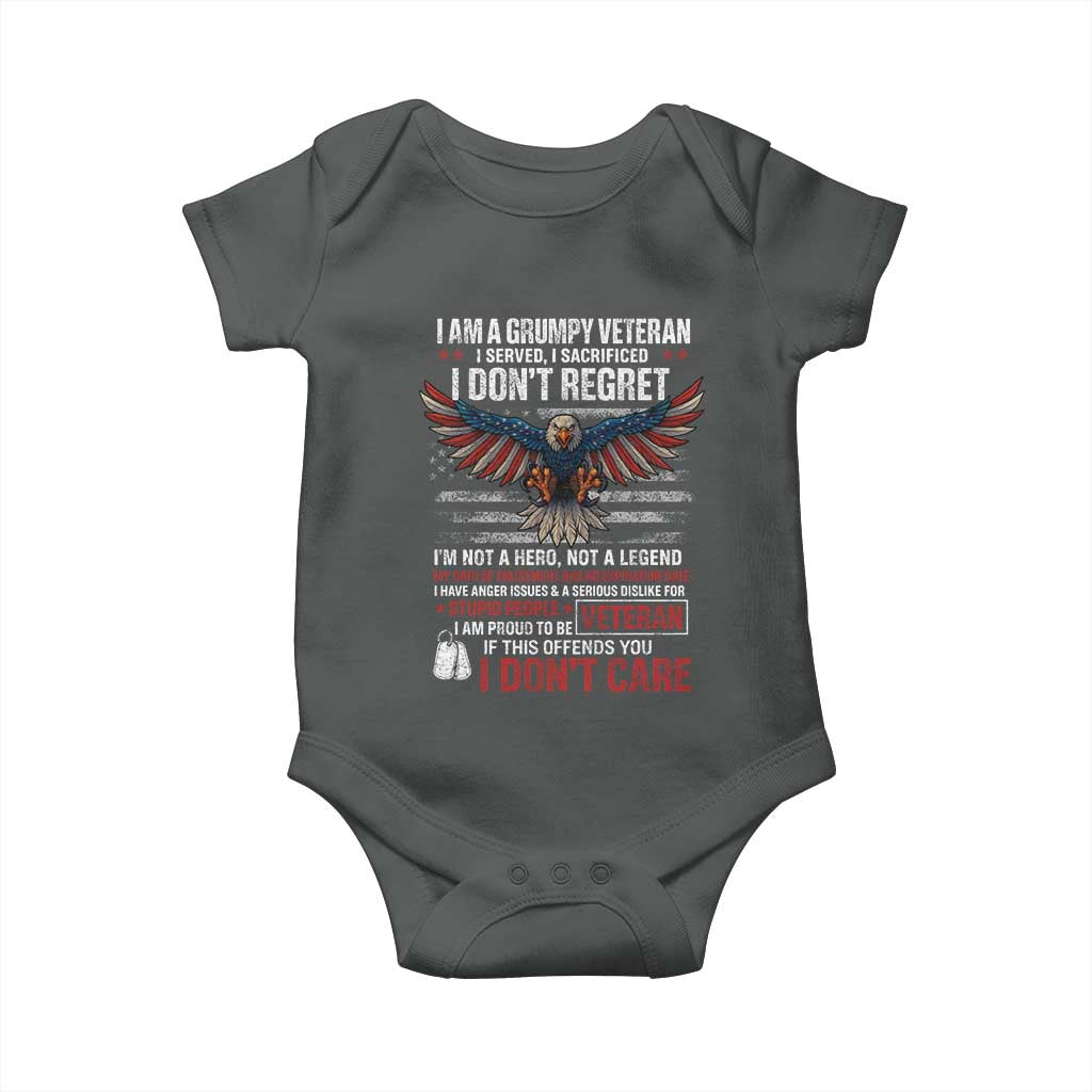 I Am A Grumpy Veteran I Served I Sacrificed I Dont Regret Baby Onesie American Flag Bald Eagle TS11 Dark Heather Print Your Wear