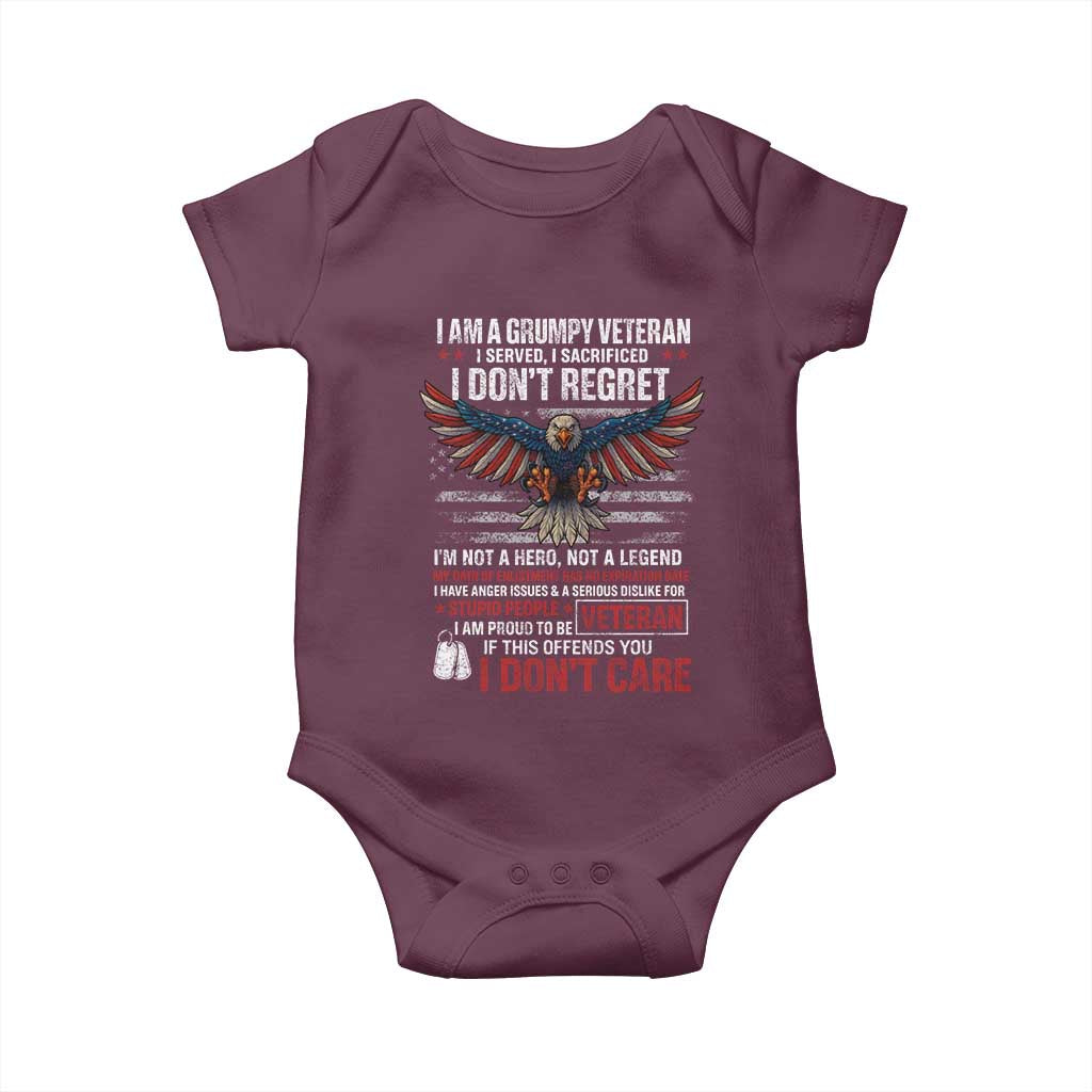 I Am A Grumpy Veteran I Served I Sacrificed I Dont Regret Baby Onesie American Flag Bald Eagle TS11 Maroon Print Your Wear