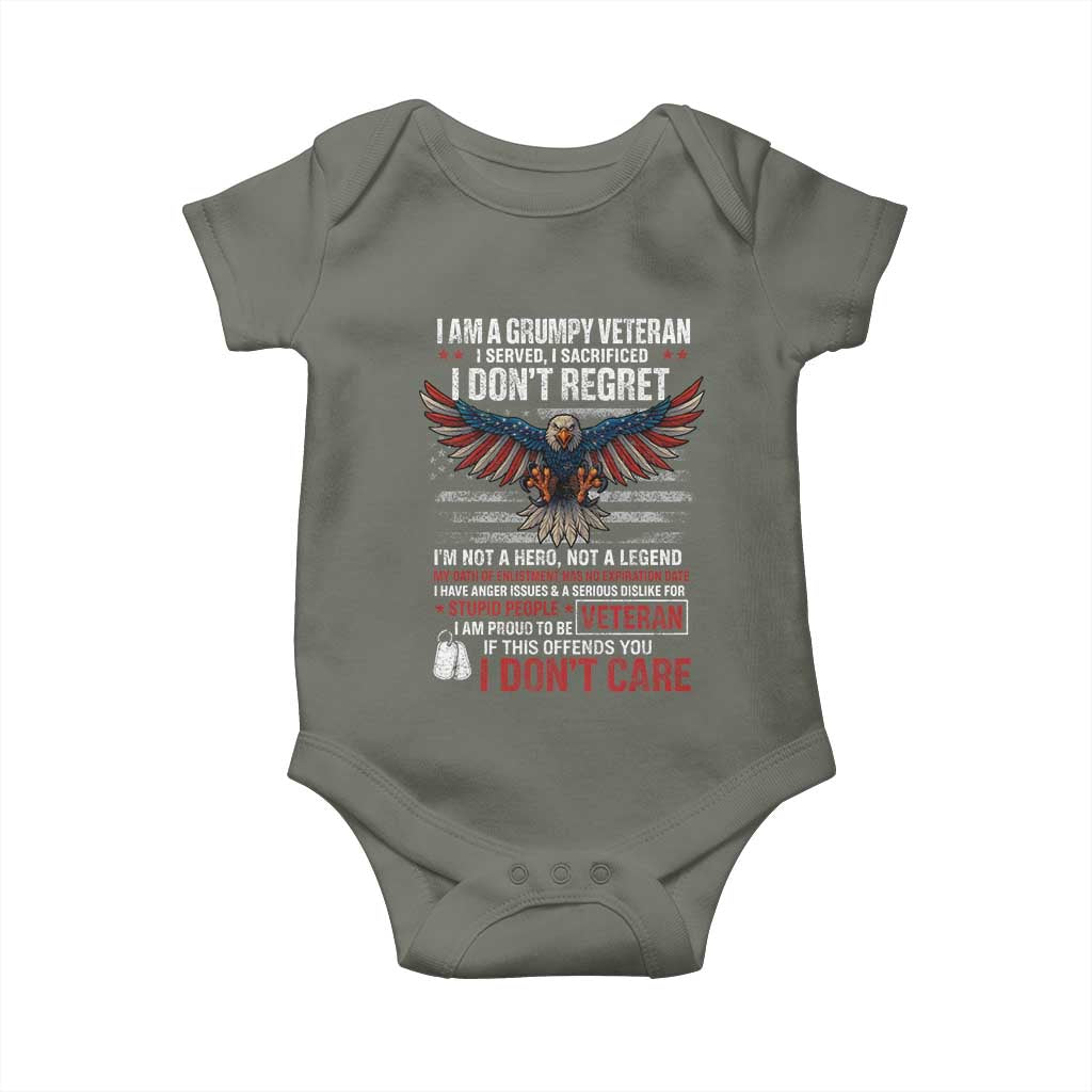 I Am A Grumpy Veteran I Served I Sacrificed I Dont Regret Baby Onesie American Flag Bald Eagle TS11 Military Green Print Your Wear