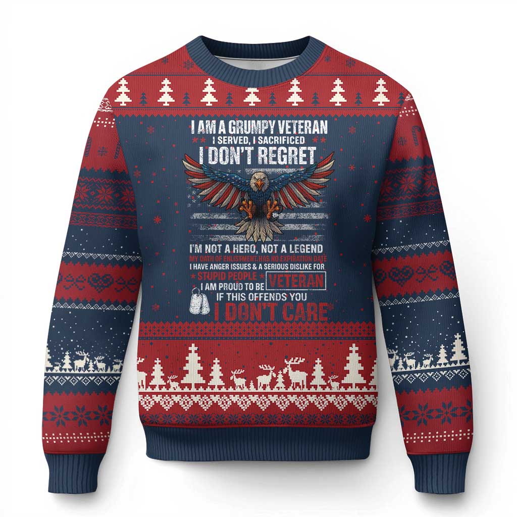 I Am A Grumpy Veteran I Served I Sacrificed I Dont Regret Ugly Christmas Sweater American Flag Bald Eagle TS11 Navy Red Print Your Wear