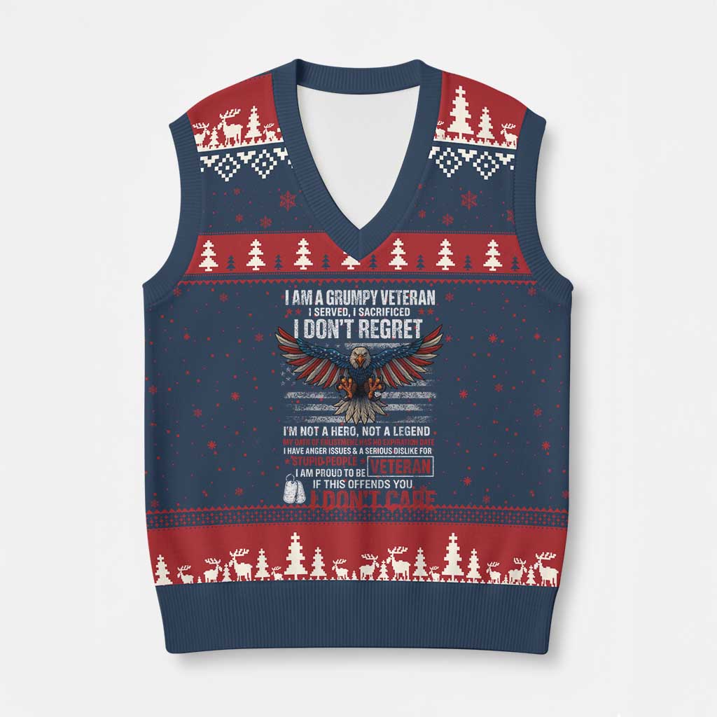 I Am A Grumpy Veteran I Served I Sacrificed I Dont Regret V-Neck Knit Sweater Vest American Flag Bald Eagle - Print Your Wear