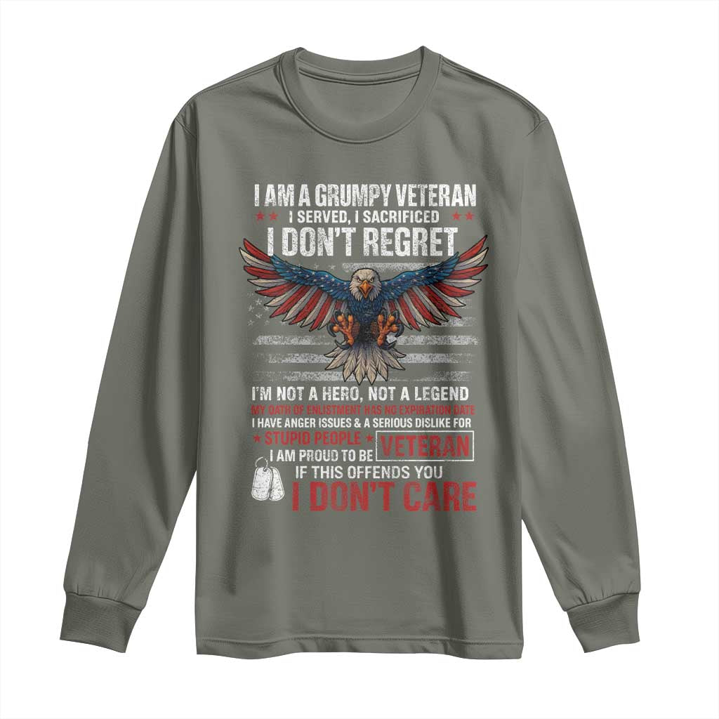 I Am A Grumpy Veteran I Served I Sacrificed I Dont Regret Long Sleeve Shirt American Flag Bald Eagle TS11 Military Green Print Your Wear