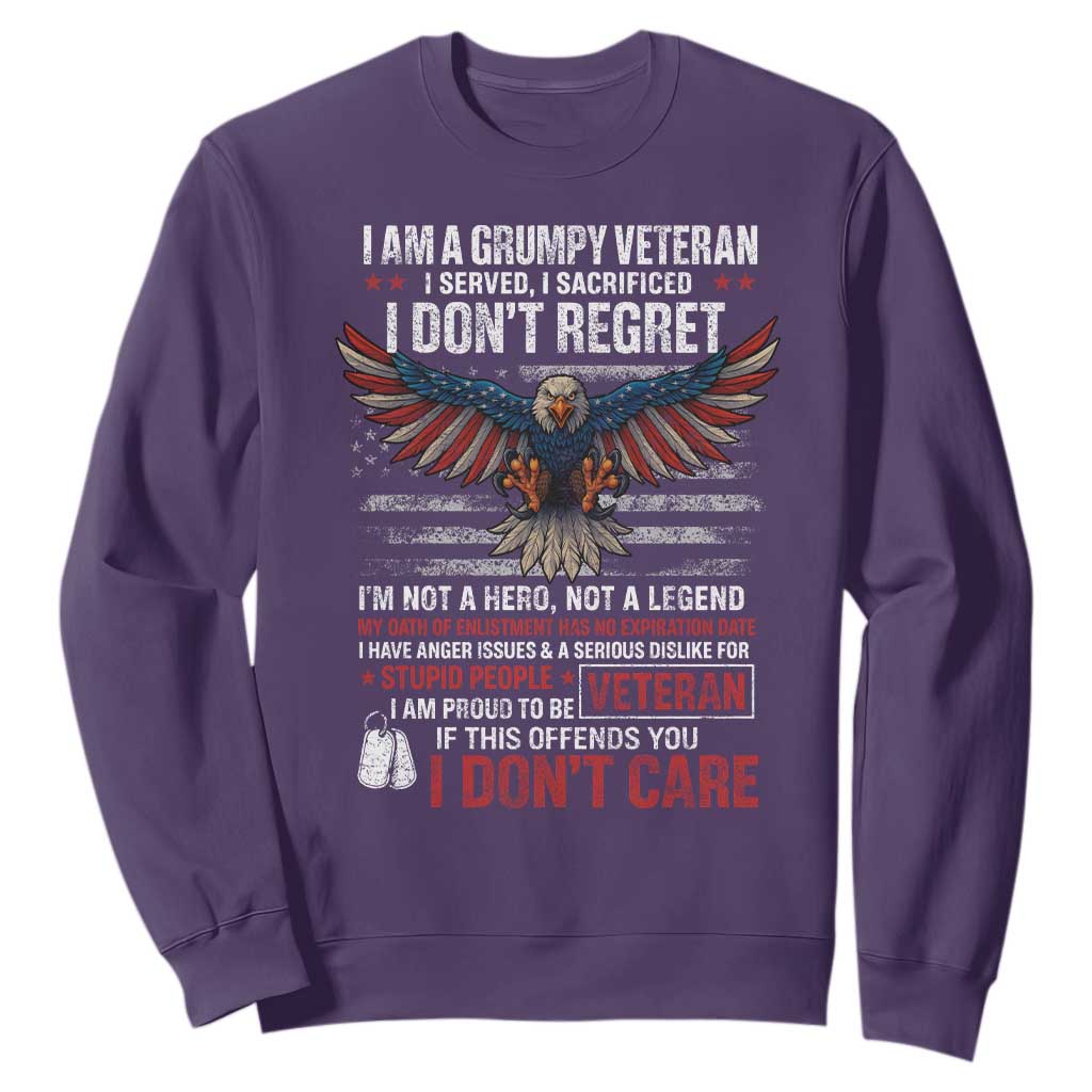 I Am A Grumpy Veteran I Served I Sacrificed I Dont Regret Sweatshirt American Flag Bald Eagle TS11 Purple Print Your Wear
