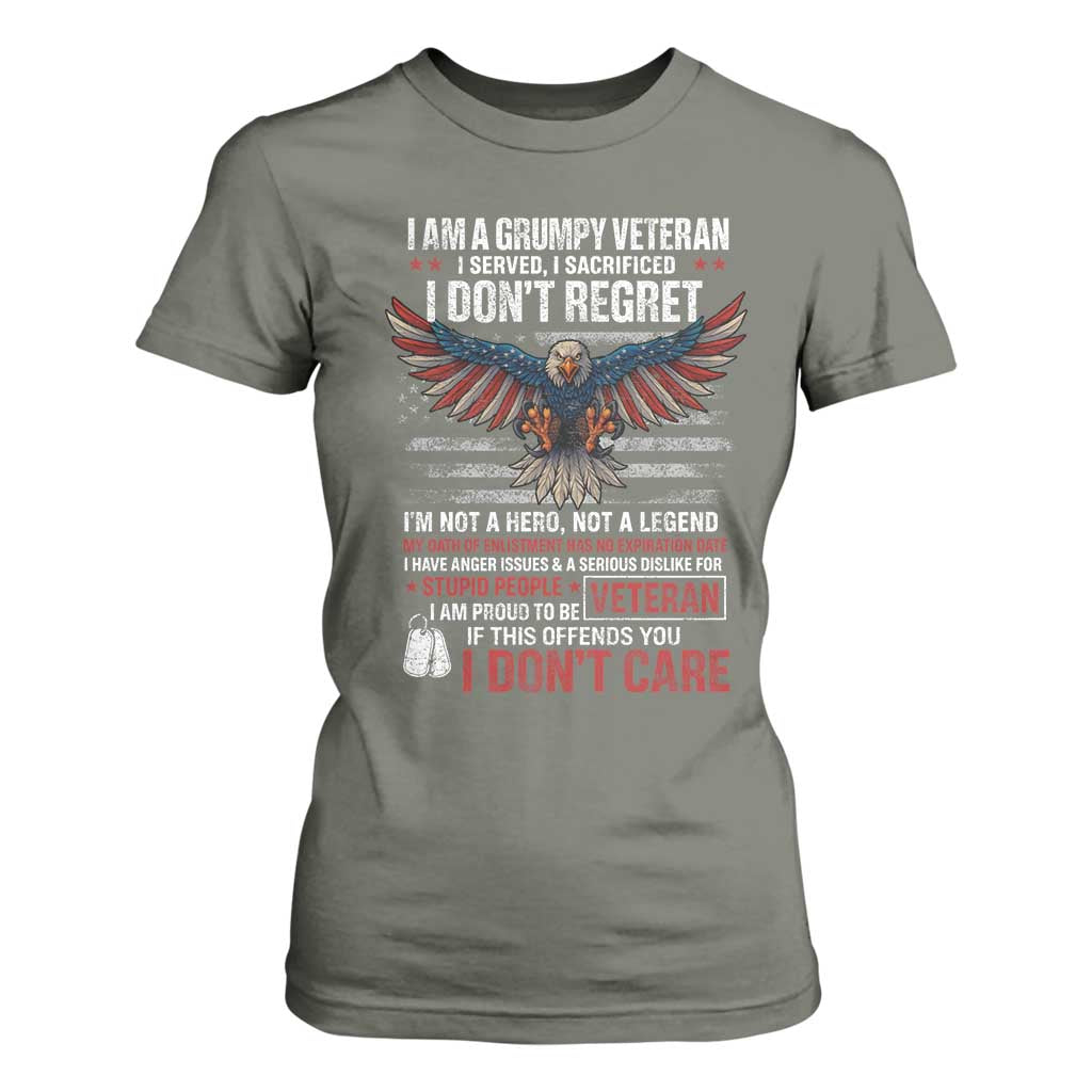 I Am A Grumpy Veteran I Served I Sacrificed I Dont Regret T Shirt For Women American Flag Bald Eagle TS11 Military Green Print Your Wear