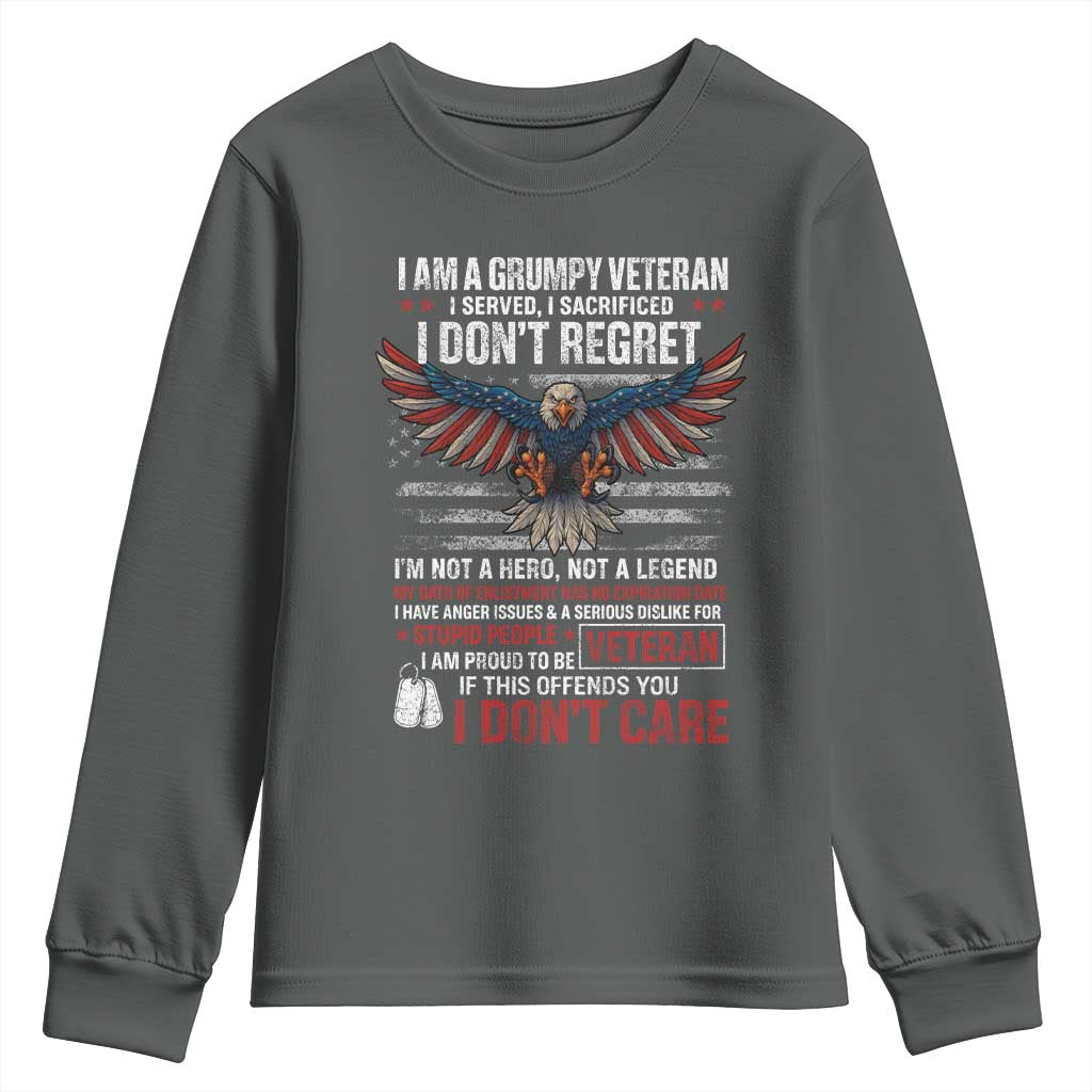 I Am A Grumpy Veteran I Served I Sacrificed I Dont Regret Youth Sweatshirt American Flag Bald Eagle TS11 Dark Heather Print Your Wear