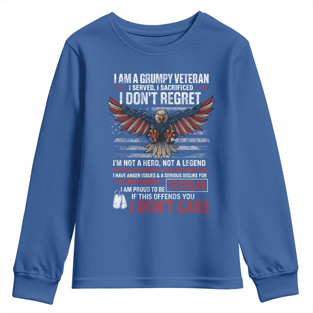 I Am A Grumpy Veteran I Served I Sacrificed I Dont Regret Youth Sweatshirt American Flag Bald Eagle TS11 Royal Blue Print Your Wear