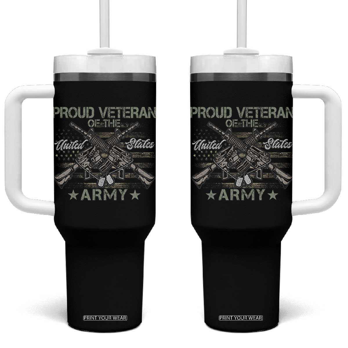 Proud Veteran Of The United States Army Tumbler With Handle USA Flag Camouflage TS11 One Size: 40 oz Black Print Your Wear
