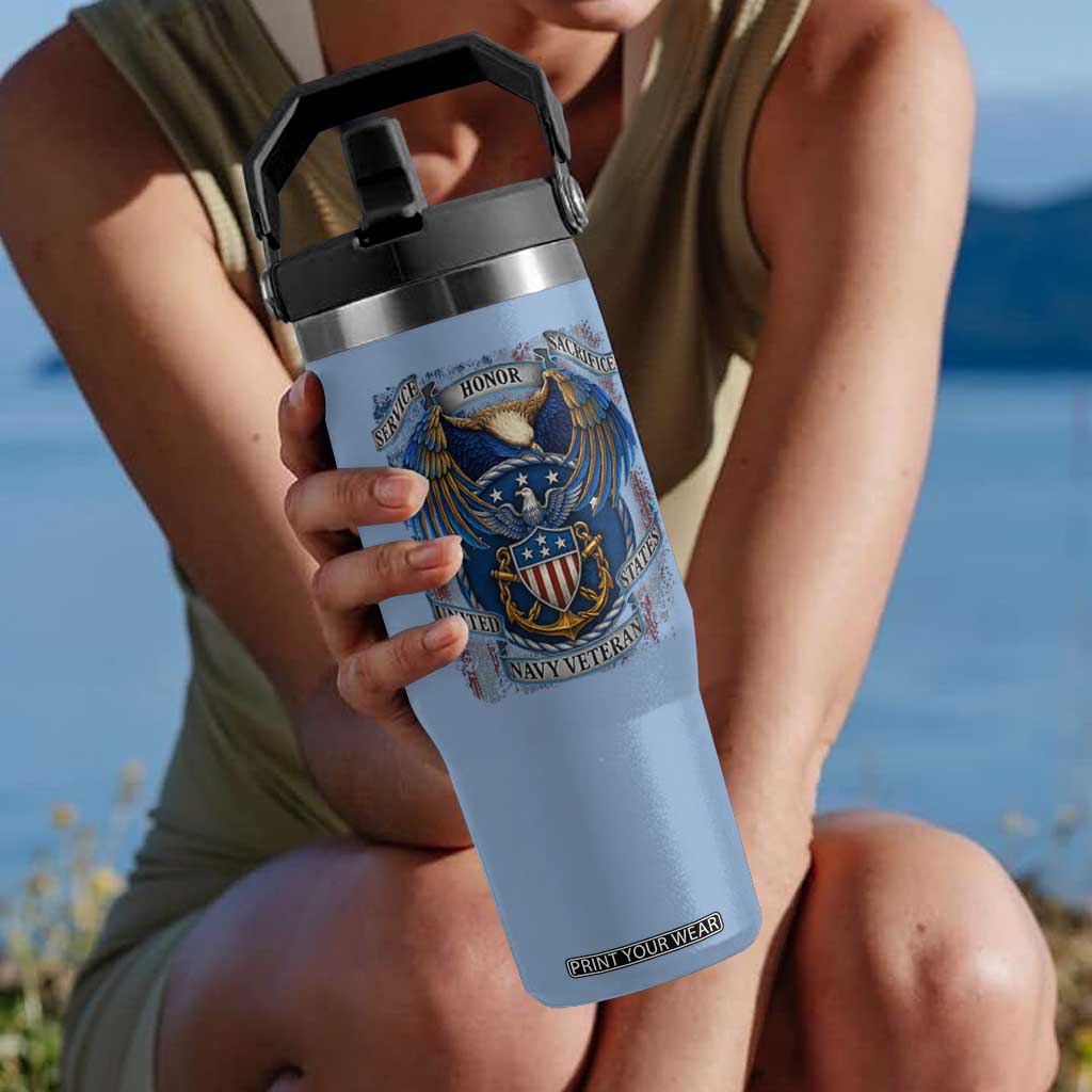 US Navy Veteran Service Honor Sacrifice Flip Straw Tumbler Vintage Bald Eagle American Flag Anchor TS11 One Size: 30 oz Light Blue Print Your Wear