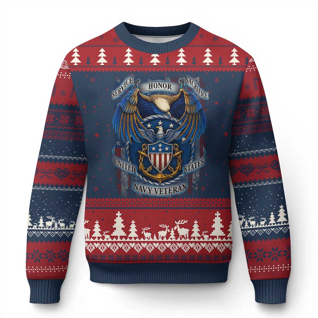 US Navy Veteran Service Honor Sacrifice Ugly Christmas Sweater Vintage Bald Eagle American Flag Anchor - Print Your Wear