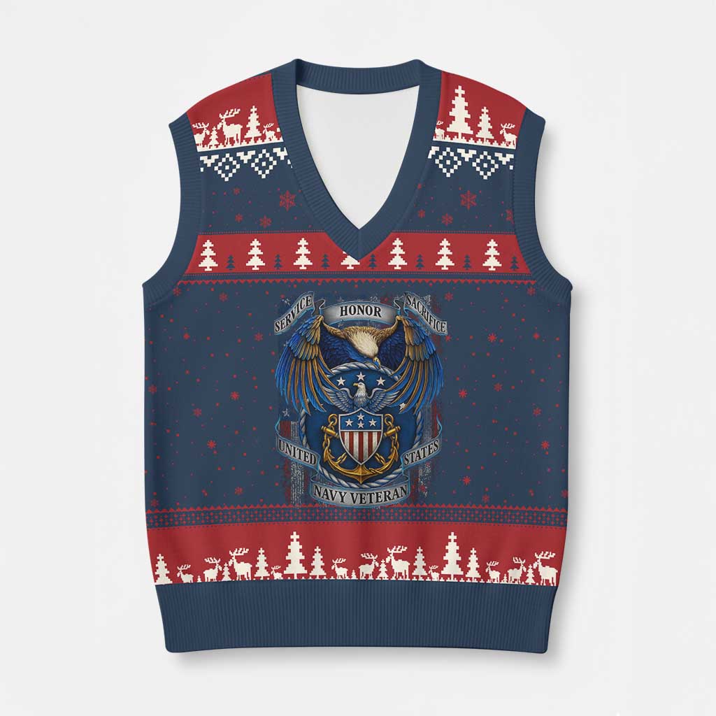 US Navy Veteran Service Honor Sacrifice V-Neck Knit Sweater Vest Vintage Bald Eagle American Flag Anchor - Print Your Wear