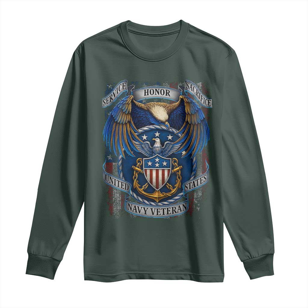 US Navy Veteran Service Honor Sacrifice Long Sleeve Shirt Vintage Bald Eagle American Flag Anchor TS11 Dark Forest Green Print Your Wear