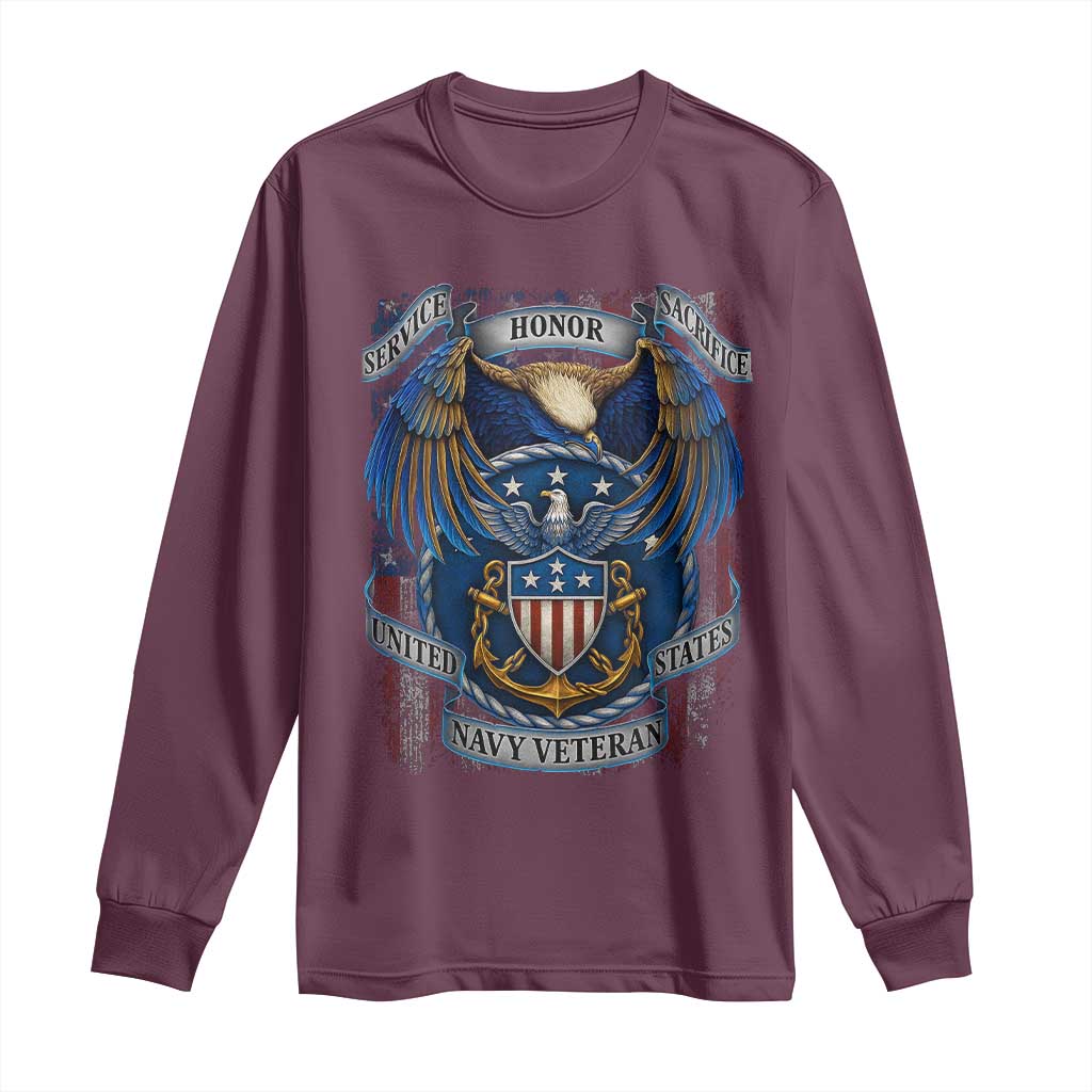 US Navy Veteran Service Honor Sacrifice Long Sleeve Shirt Vintage Bald Eagle American Flag Anchor TS11 Maroon Print Your Wear