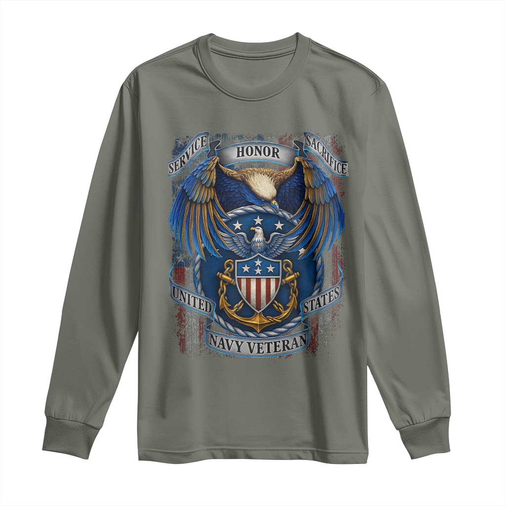 US Navy Veteran Service Honor Sacrifice Long Sleeve Shirt Vintage Bald Eagle American Flag Anchor TS11 Military Green Print Your Wear