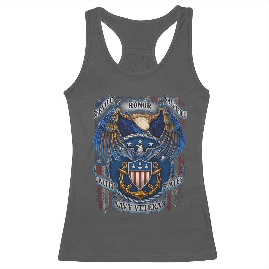 US Navy Veteran Service Honor Sacrifice Racerback Tank Top Vintage Bald Eagle American Flag Anchor TS11 Dark Heather Print Your Wear
