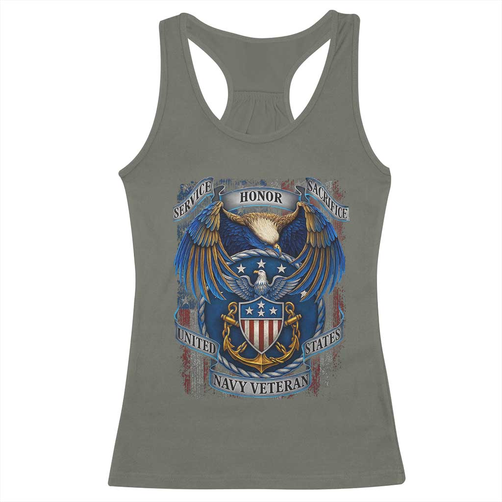 US Navy Veteran Service Honor Sacrifice Racerback Tank Top Vintage Bald Eagle American Flag Anchor TS11 Military Green Print Your Wear