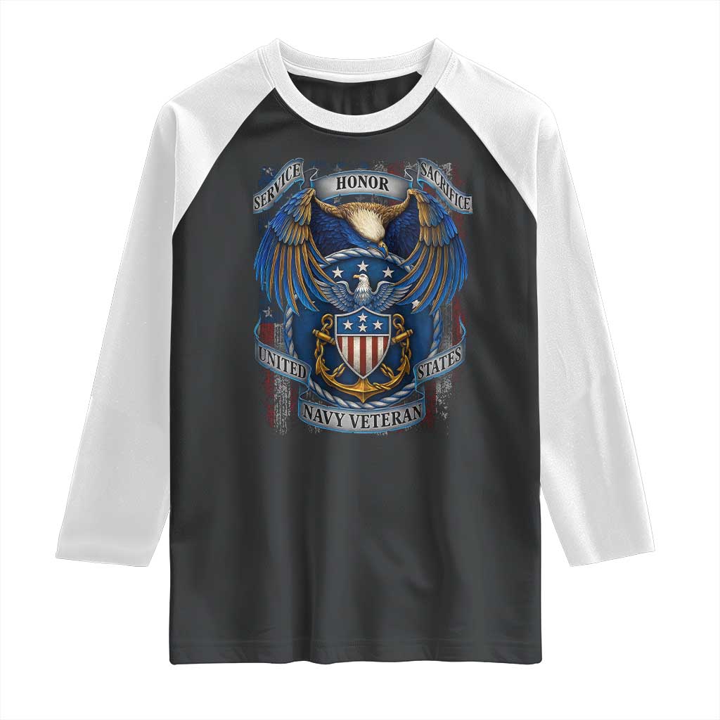 US Navy Veteran Service Honor Sacrifice Raglan Shirt Vintage Bald Eagle American Flag Anchor TS11 Black White Print Your Wear