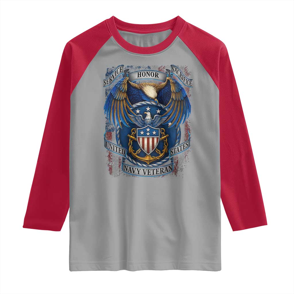 US Navy Veteran Service Honor Sacrifice Raglan Shirt Vintage Bald Eagle American Flag Anchor TS11 Sport Gray Red Print Your Wear